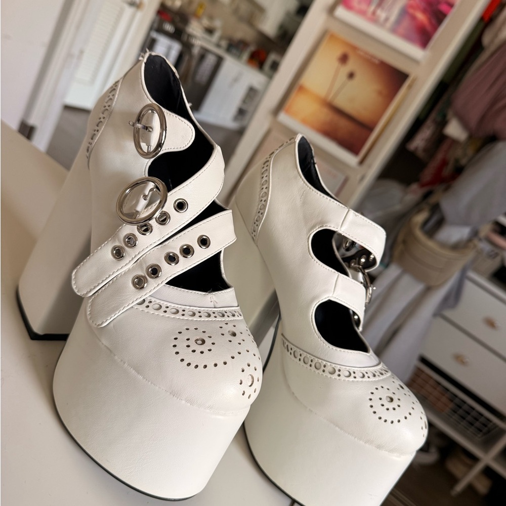 White Platform Mary Jane Heels with Buckle Straps